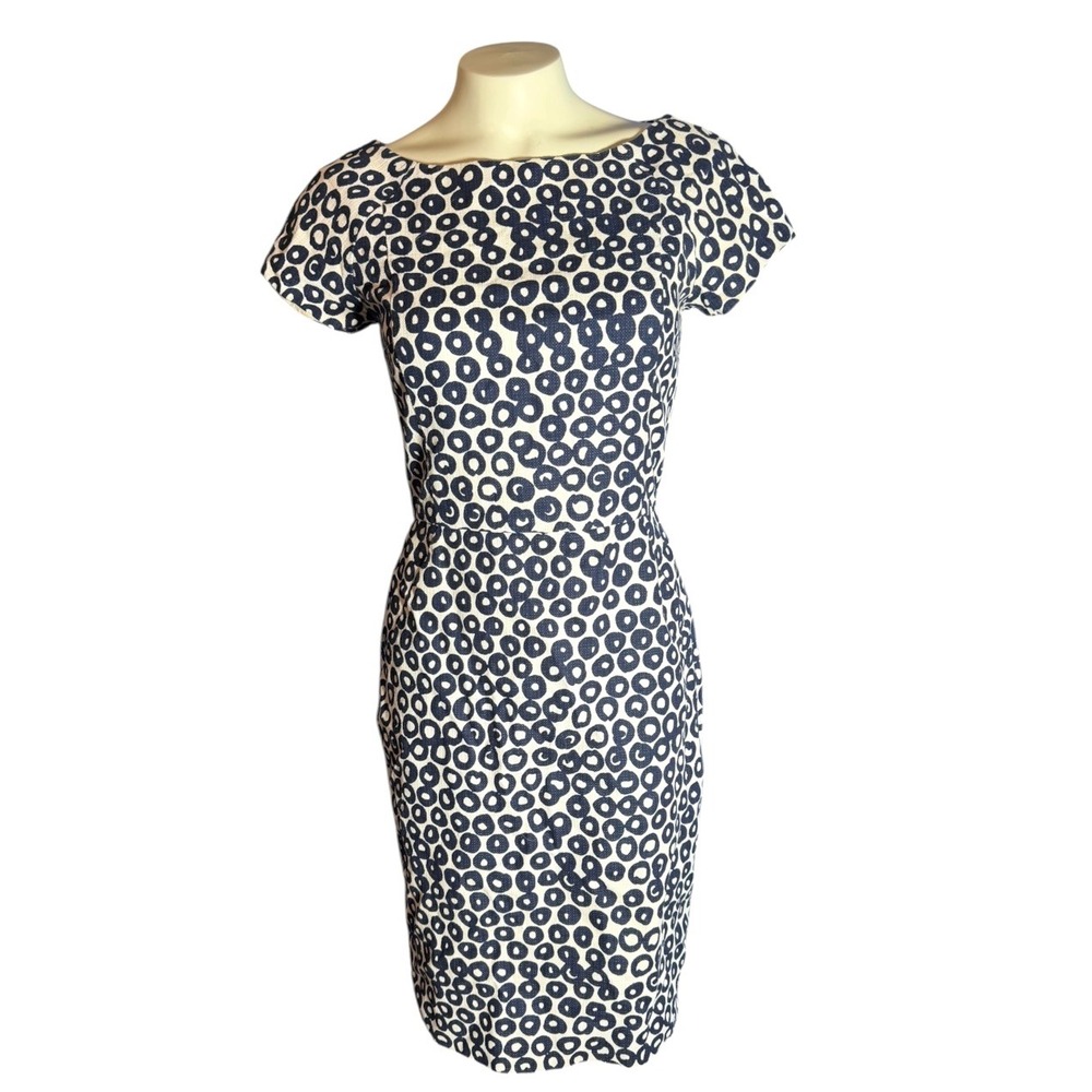 J.Crew Navy White Circle Print Cotton Sheath Dress C1607 Size 00 Boat Neck